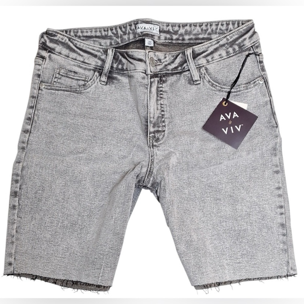 Ava & Vic Women’s Plus Gray Acid Wash Raw Hem Denim Bermuda Mid High Rise Shorts